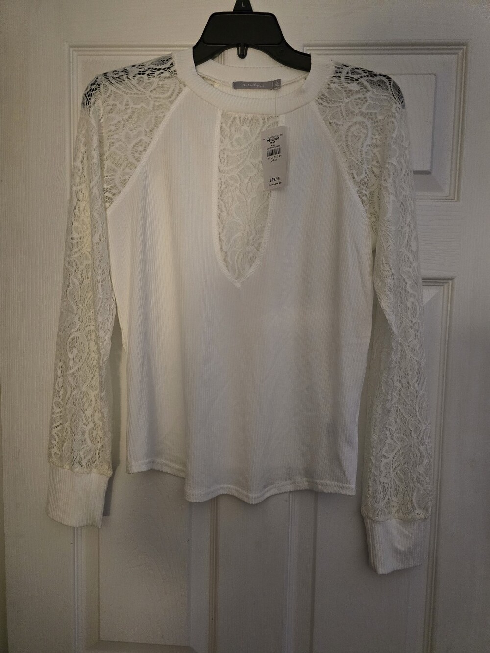 BKE White Lace-Sleeve Keyhole Shirt